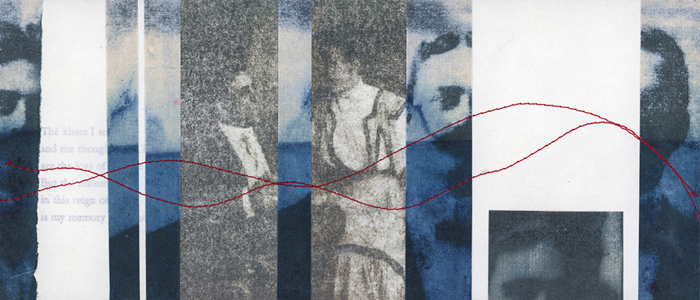 Distant Conversation 3, image transfers, indigo-dyed papers, collage, letterpress, stitching, 7 x 12"