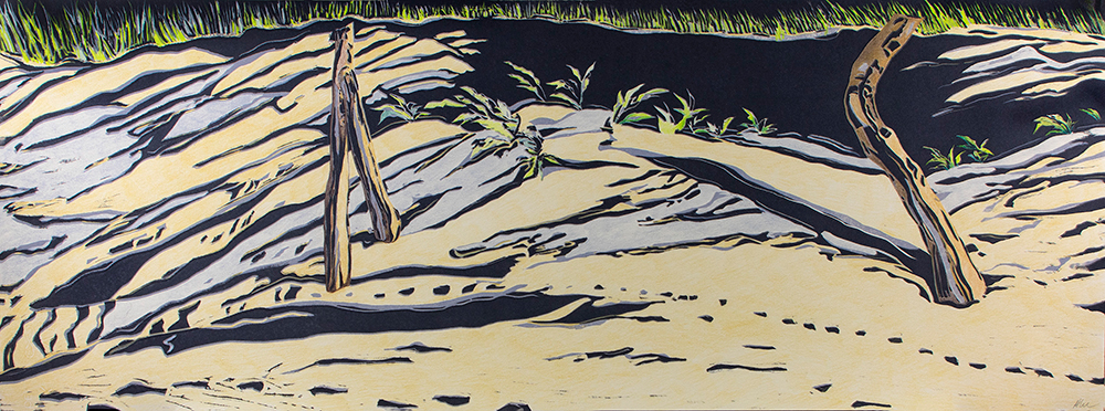 Along the Shore, hand-colored linocut, 11x18"
