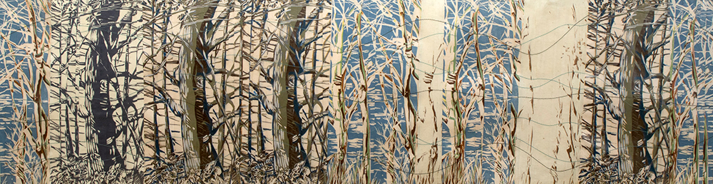 Amidst and Within, linocut prints with stitching and wax, 12x38"