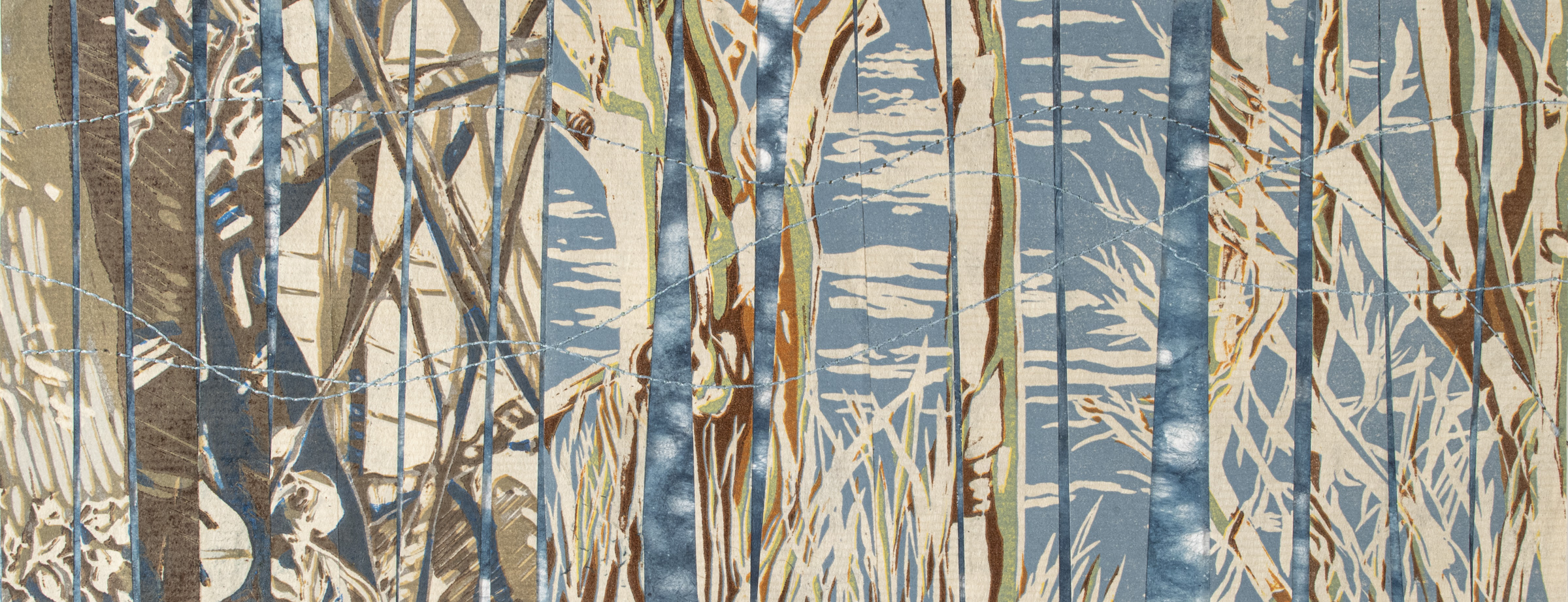 relief print, indigo dyed hemp paper, collage, stitching